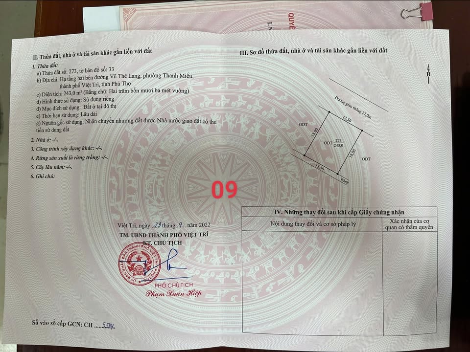 Bán đất Vũ Thế Lang, Việt Trì 243m² - Mặt tiền 13.5m, giá chỉ 58 triệu/m²!