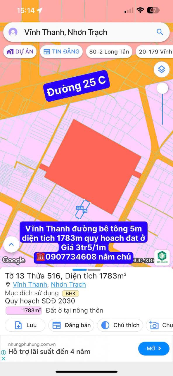 Đất thổ cư 1783m² tại Vĩnh Thanh - Giá chỉ 6.24 tỷ, sổ đỏ chính chủ!