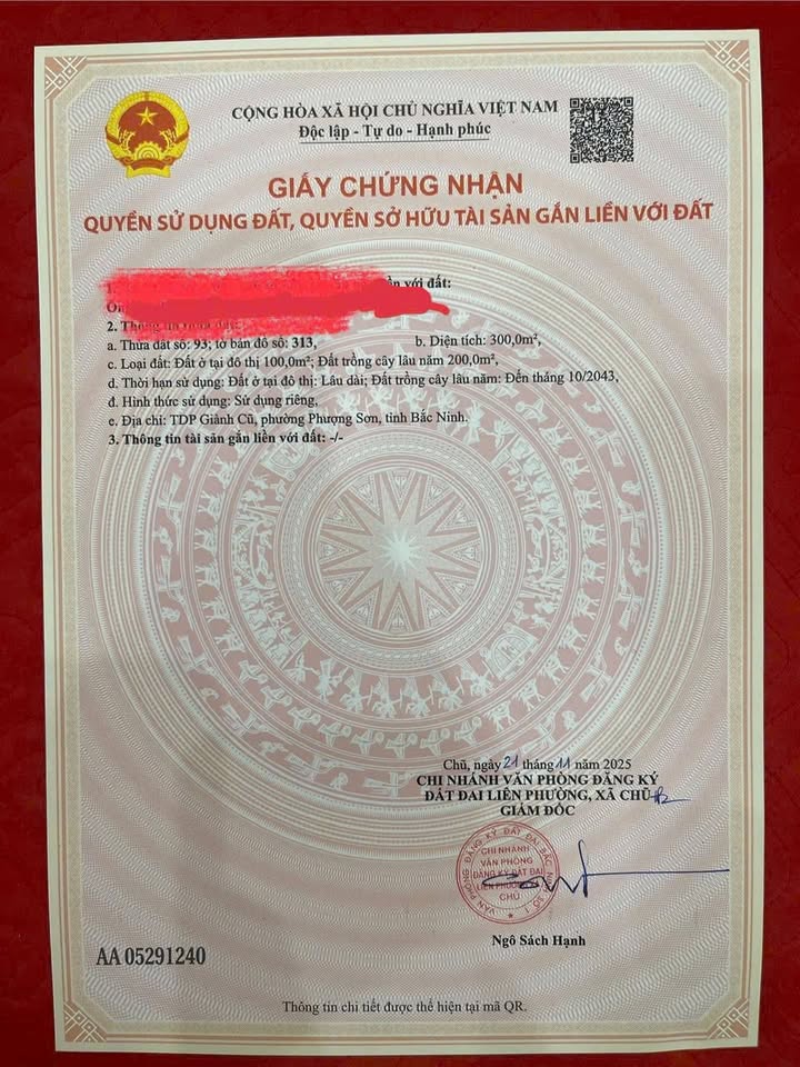 Đất thổ cư 300m² tại Tổ Dân Phố Giành, Bắc Ninh - Giá chỉ 1,6 tỷ!