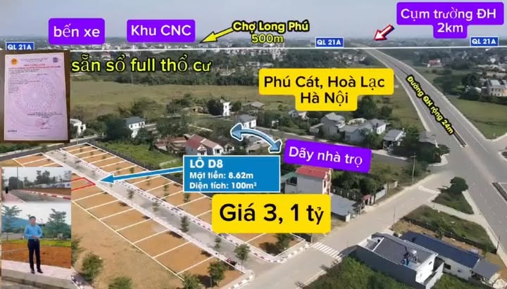 Đất nền Phú Cát, Hoà Lạc 100m² giá 3,1 tỷ - Sổ đỏ chính chủ, an cư lý tưởng!