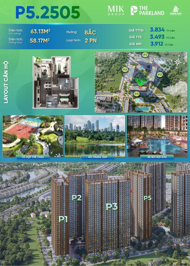 Căn hộ The Parkland - Imperia Ocean City 63m² giá 3.493 tỷ - Tầm nhìn nội khu xanh mát!
