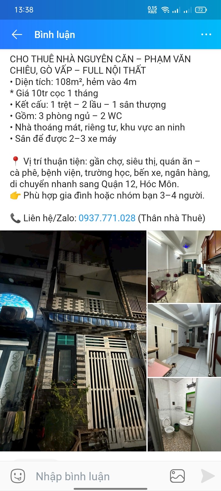 Nhà nguyên căn cho thuê tại Phạm Văn Chiêu, Gò Vấp 108m² - Full nội thất, giá chỉ 10 triệu!