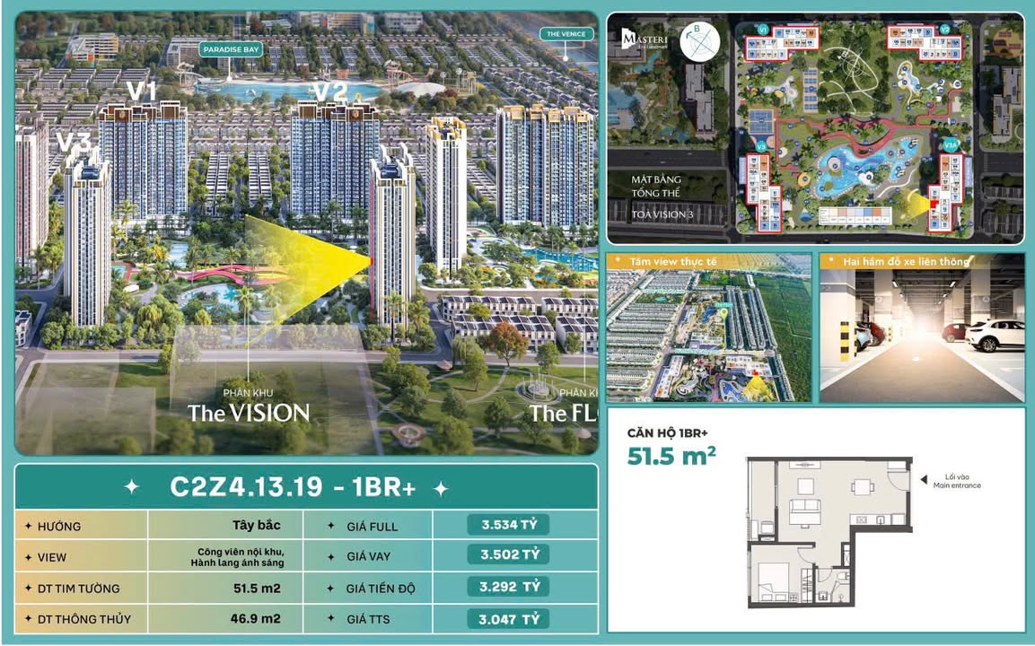 Căn hộ Masteri Era Landmark Hưng Yên 51.5m² giá chỉ 3.047 tỷ - View công viên nội khu tuyệt đẹp!