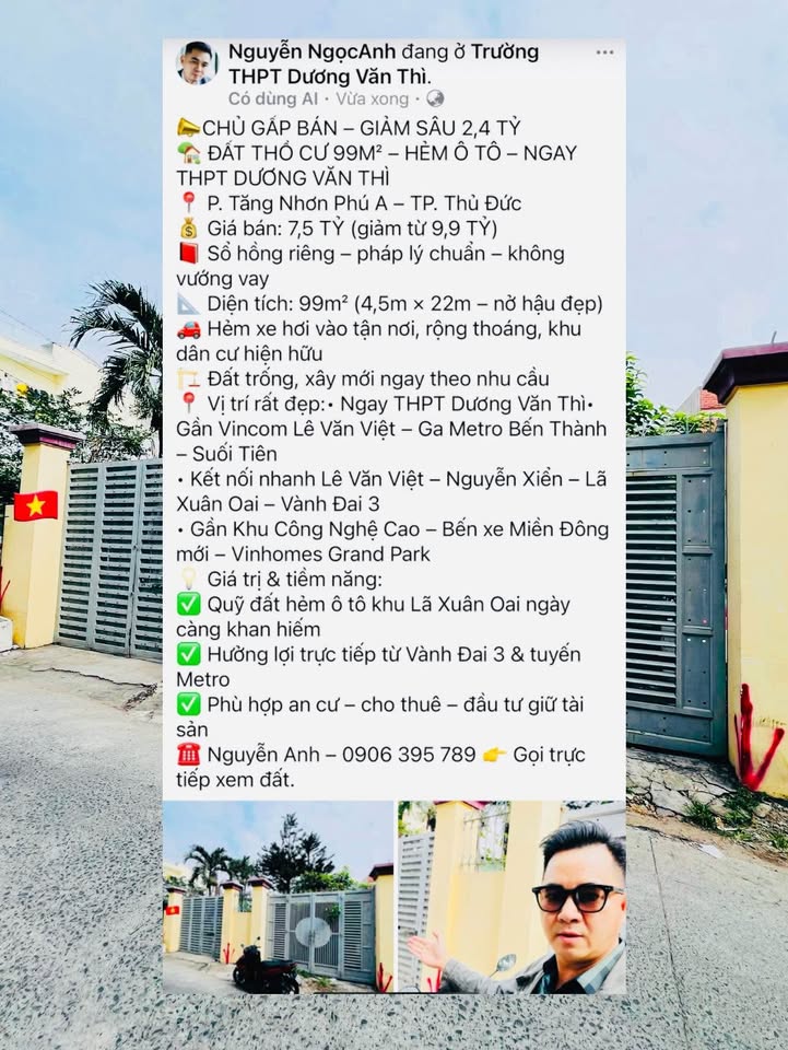 Đất thổ cư 99m² hẻm ô tô tại Thủ Đức - Giảm giá sốc chỉ 7,5 tỷ!