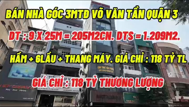 Bán nhà góc 3 mặt tiền Võ Văn Tần, Quận 3, 206m² giá 118 tỷ - Đầu tư sinh lời cao!
