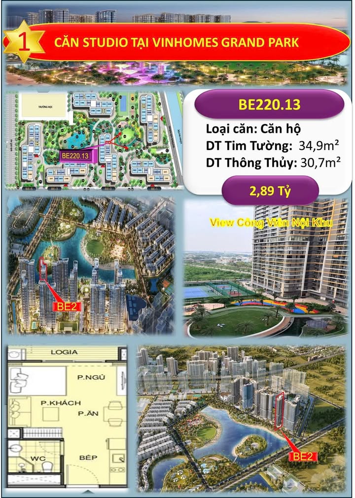 Căn hộ Studio Vinhomes Grand Park 30m² giá 2,89 tỷ - Đầu tư sinh lời ngay tại Quận 9!