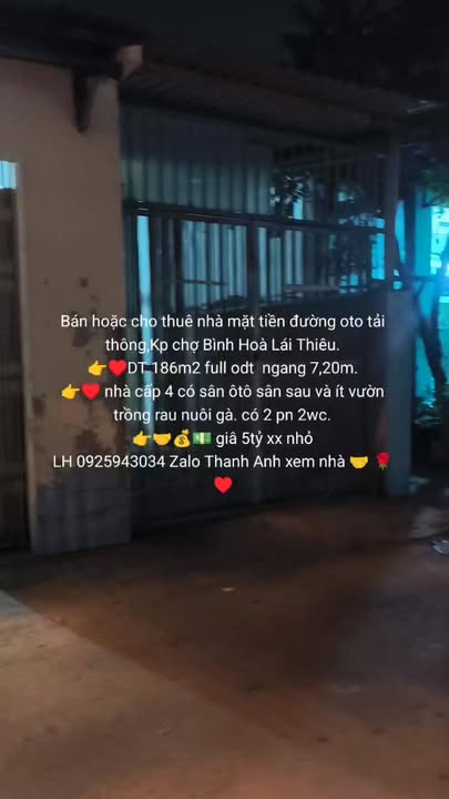 Nhà cấp 4 tại Khu phố chợ Bình Hoà, Lái Thiêu 186m² - Giá chỉ 5 tỷ