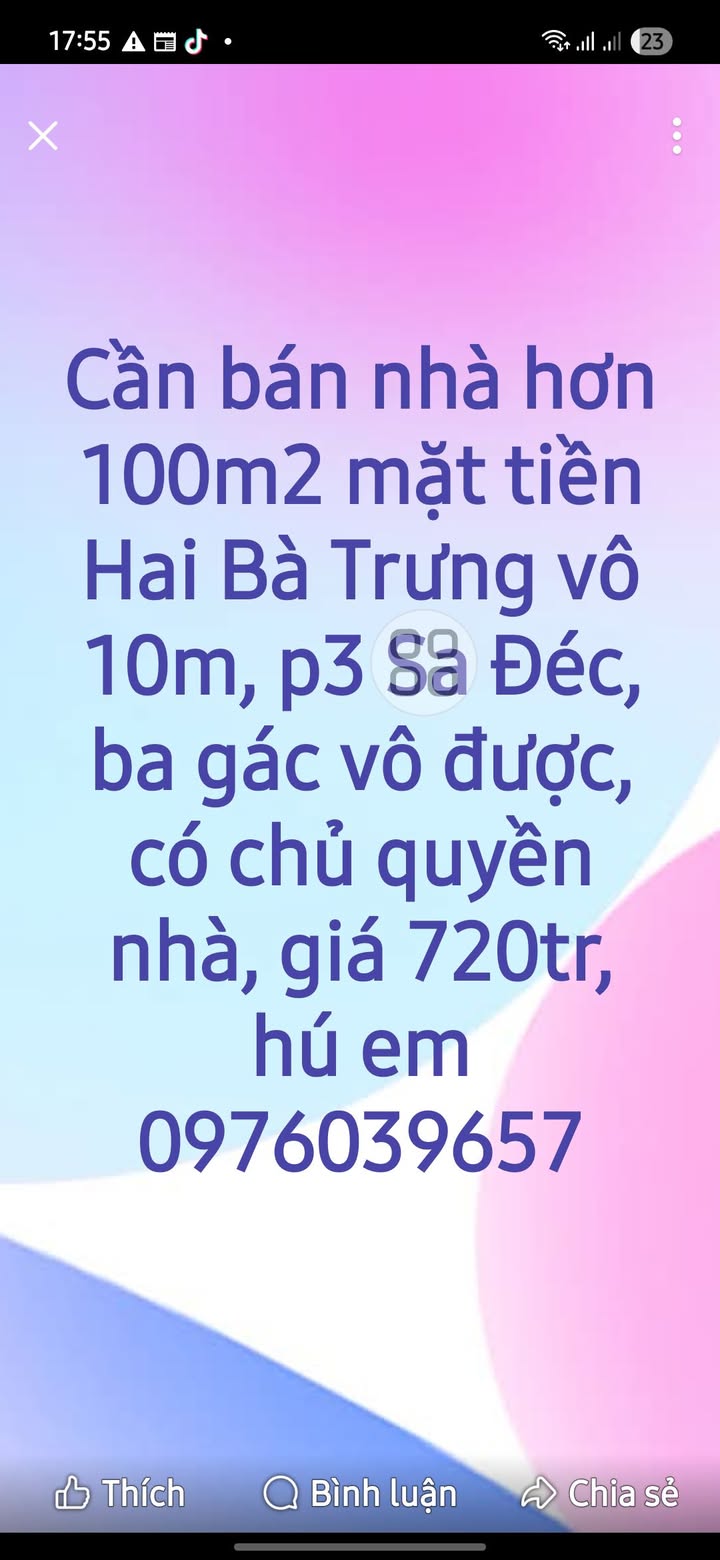 Nhà mặt tiền đường Hai Bà Trưng, Sa Đéc 100m² giá 720 triệu - Sẵn sàng giao dịch!