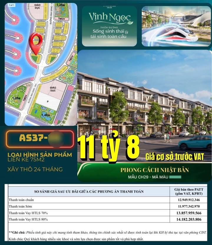Nhà phố LK Vinhomes Green Paradise 75m² giá 11.8 tỷ - Phong cách Nhật Bản sang trọng!