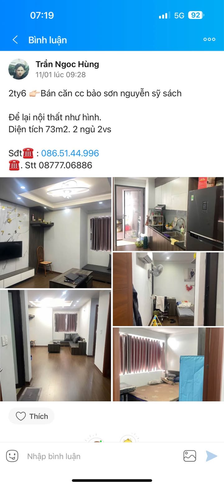 Căn hộ Bảo Sơn Nguyễn Sỹ Sách 73m² giá 2.6 tỷ - Nội thất đầy đủ, vào ở ngay!