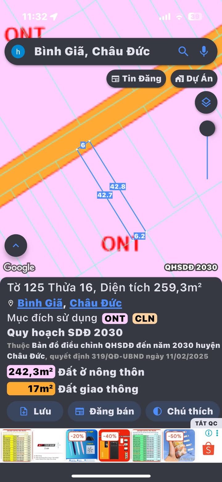 Đất nền Bình Giã 259.3m² giá 1.15 tỷ - Cơ hội đầu tư vàng!