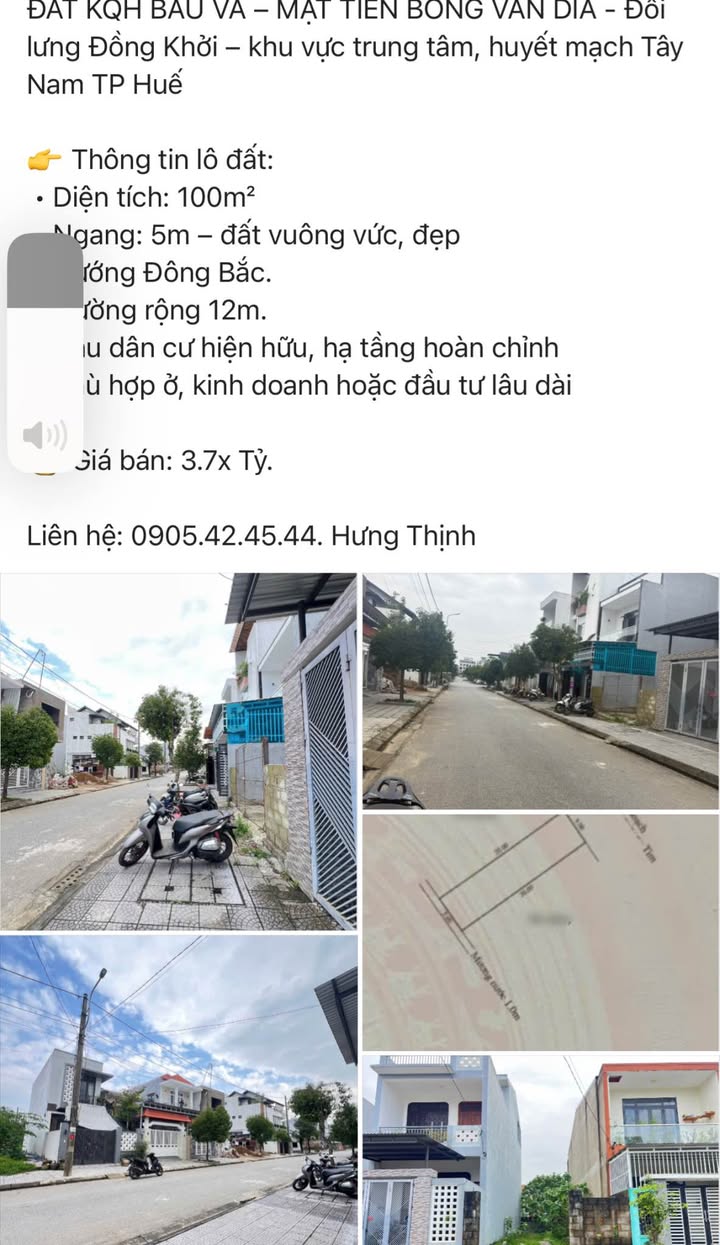 Đất Bàu Vá - Mặt tiền Bông Văn Dĩa 100m² giá 3.7 tỷ - Đầu tư sinh lời ngay!