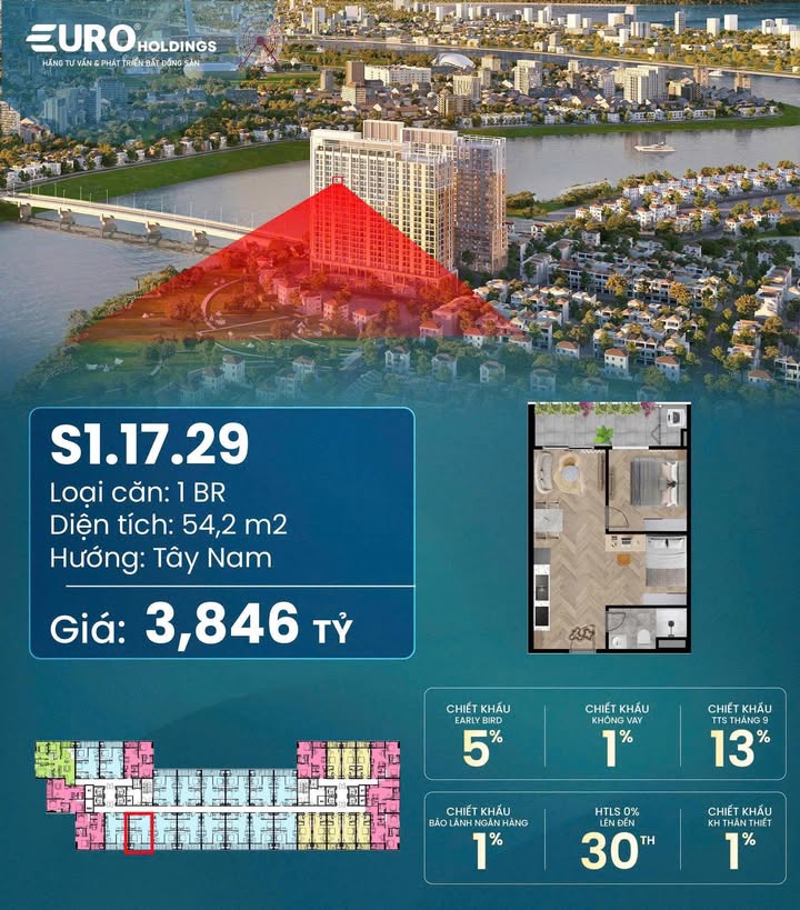 Căn hộ 1 phòng ngủ tại Spana Tower Đà Nẵng 54m² giá 2,9 tỷ - View sông độc bản!