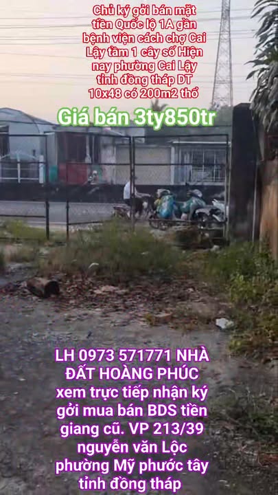 Đất nền mặt tiền Quốc lộ 1A, Phường 4, Thị xã Cai Lậy - 200m² thổ cư, giá 3.85 tỷ!