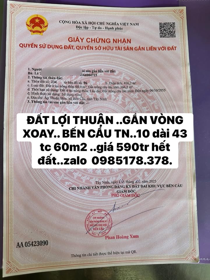 Đất nền xã Lợi Thuận, Bến Cầu 60m² giá 590 triệu - Đầu tư sinh lời ngay!