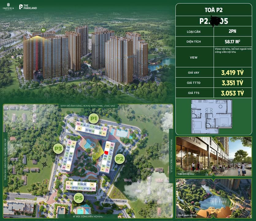 Căn hộ 2 Phòng Ngủ The ParkLand Hưng Yên 58,2m² giá 3,053 tỷ - Thiết kế đa năng, view bể bơi
