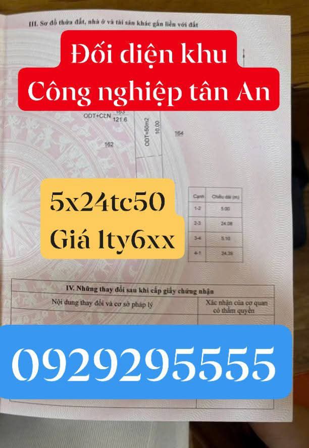 Đất thổ cư Khu công nghiệp Tân An 120m² giá 1.699 tỷ - Cơ hội đầu tư tuyệt vời!