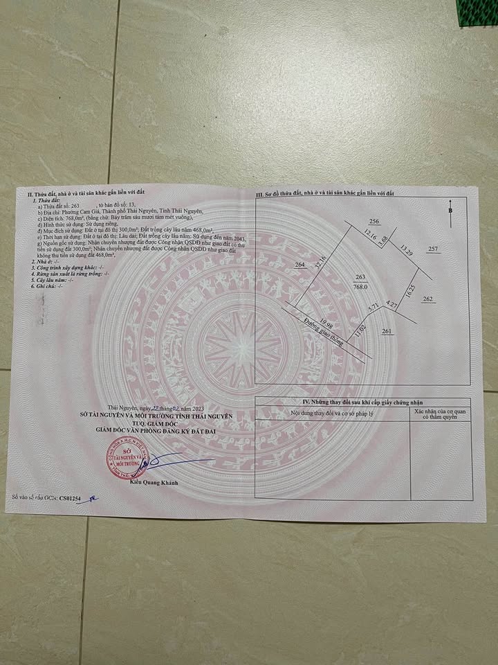 Đất nền 920m² tại phường Gia Sàng, Thái Nguyên - Giá 6.5 tỷ, hướng Tây Nam lý tưởng!