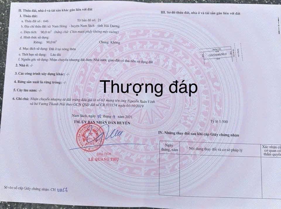 Đất nền Khu dân cư Thượng Đáp, Nam Hồng 90m² giá 2.1 tỷ - Sổ đỏ chính chủ