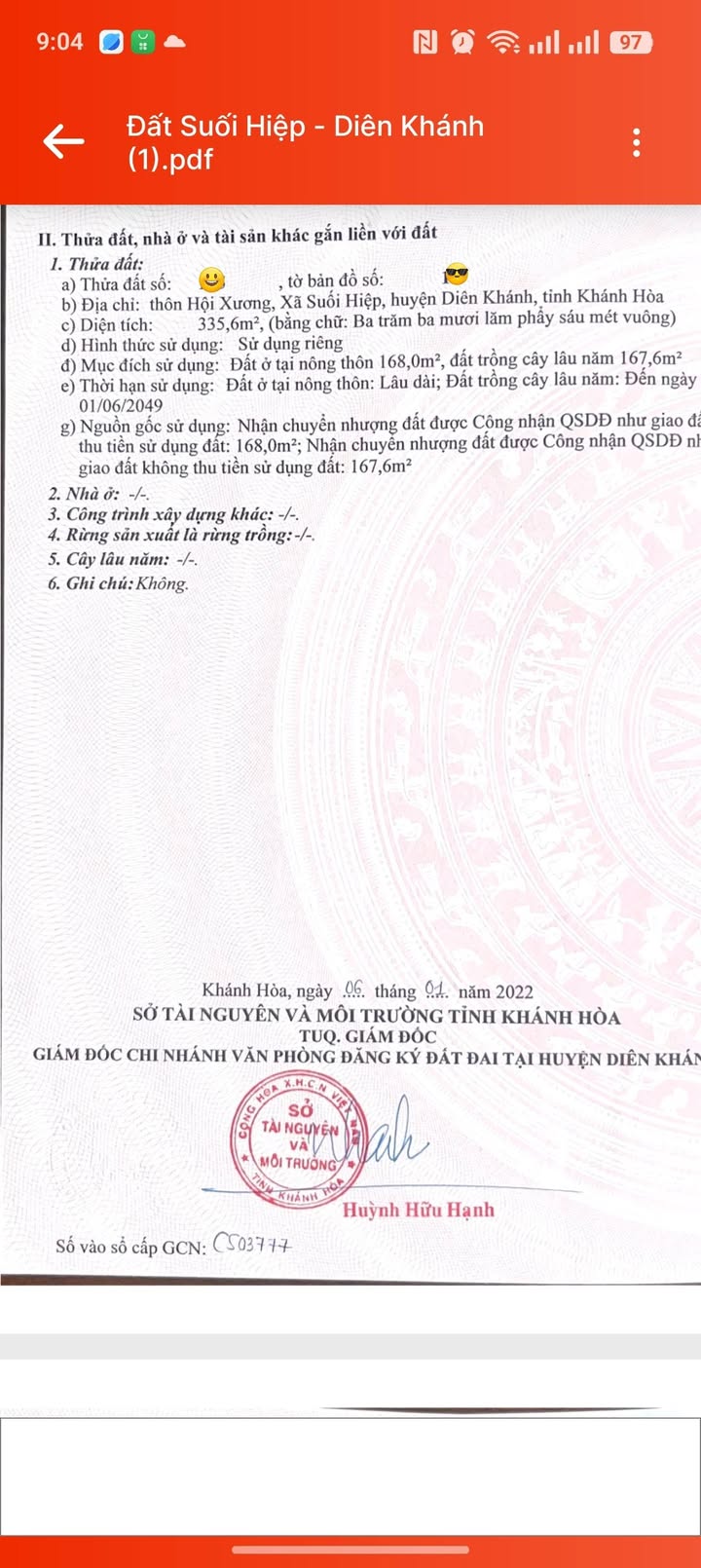 Đất nền Suối Hiệp Khánh Hòa 335.6m² giá 2.25 tỷ - Đầu tư sinh lời tiềm năng!