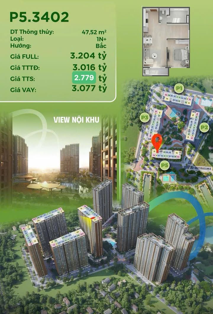 Căn hộ 1N+ The Parkland Hưng Yên 47m² giá 2.779 tỷ - View nội khu tuyệt đẹp!