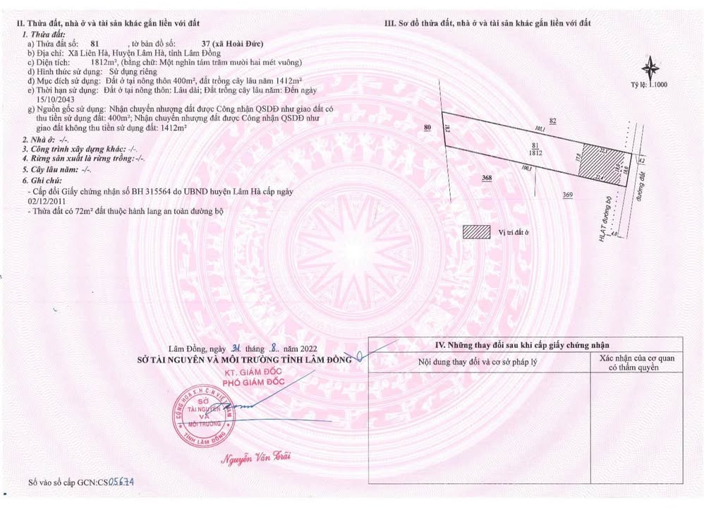 Đất ở Liên Hà, Lâm Hà 1812m² giá tốt - Sổ hồng riêng chính chủ!