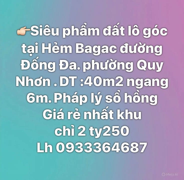 Đất lô góc Hẻm Bagac, Đống Đa, Quy Nhơn 40m² giá 2.25 tỷ - Cơ hội đầu tư tuyệt vời!