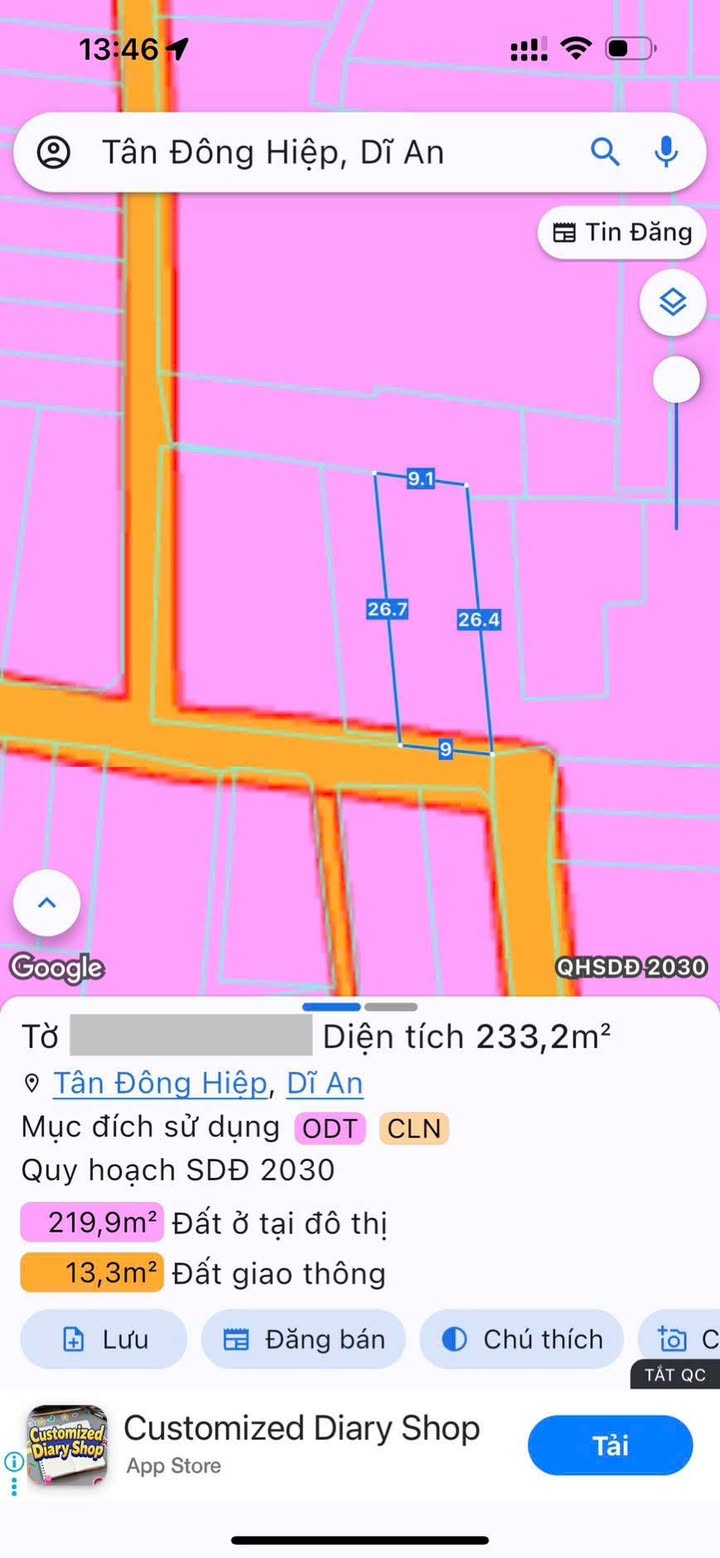 Đất thổ cư Dĩ An 233m² giá 9.5 tỷ - Vị trí đắc địa gần chợ