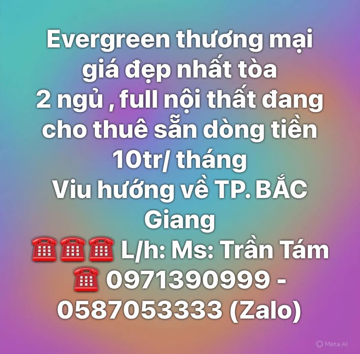 Căn hộ Evergreen Phường Nếnh 2PN giá thỏa thuận - Full nội thất cho thuê ngay!