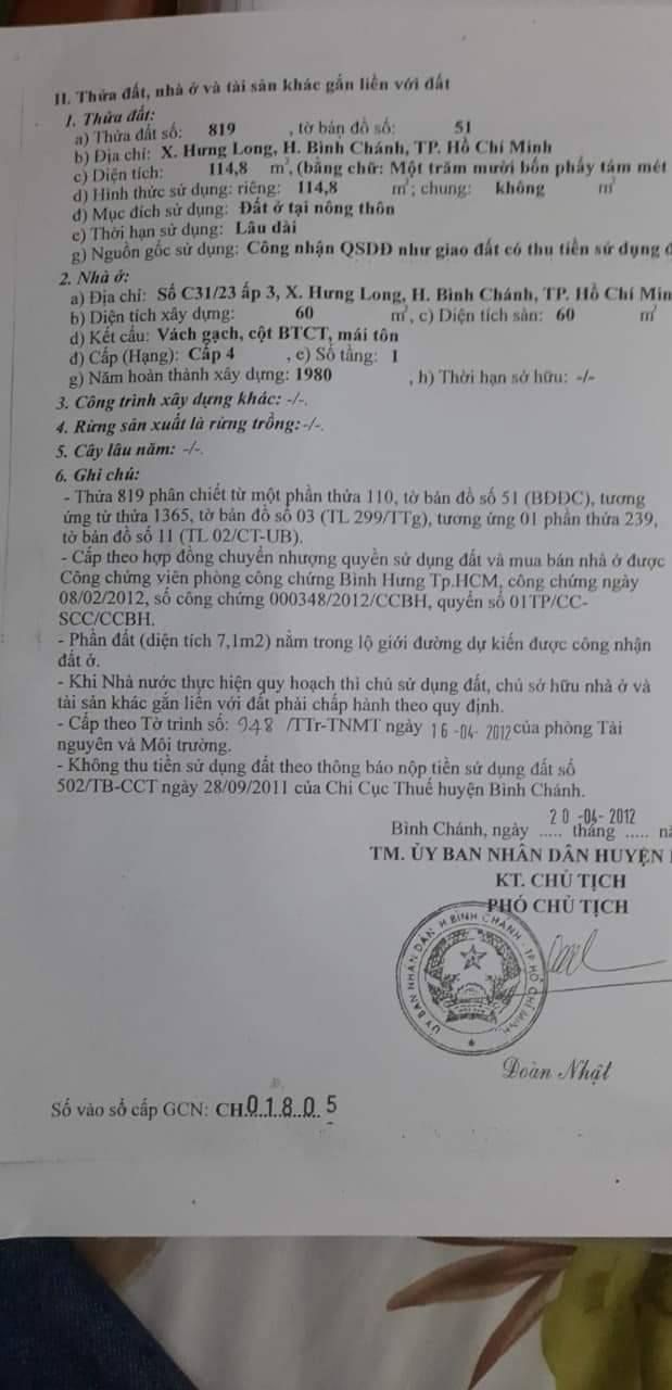 Nhà cấp 4 xã Hưng Long, Bình Chánh 114m² giá 2.25 tỷ - Sổ hồng riêng chính chủ!