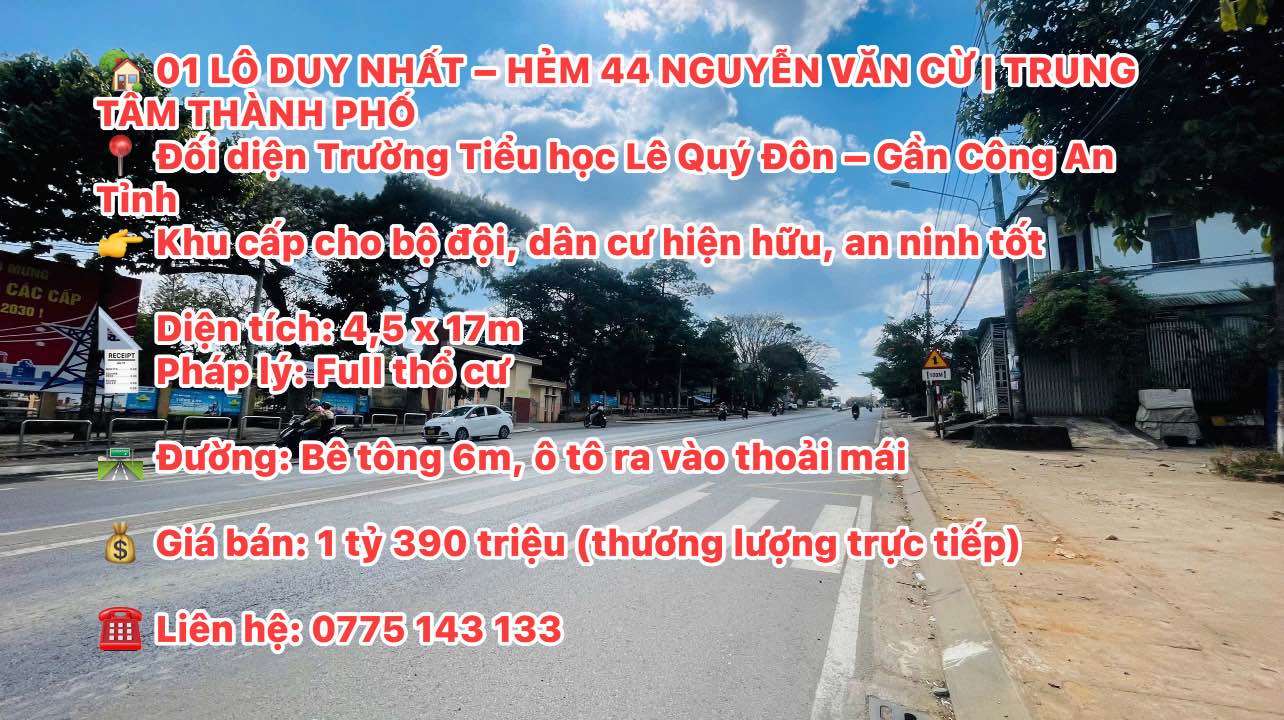 Đất nền hẻm 44 Nguyễn Văn Cừ, Pleiku 76m² - Sổ hồng đầy đủ, giá chỉ 1.39 tỷ!