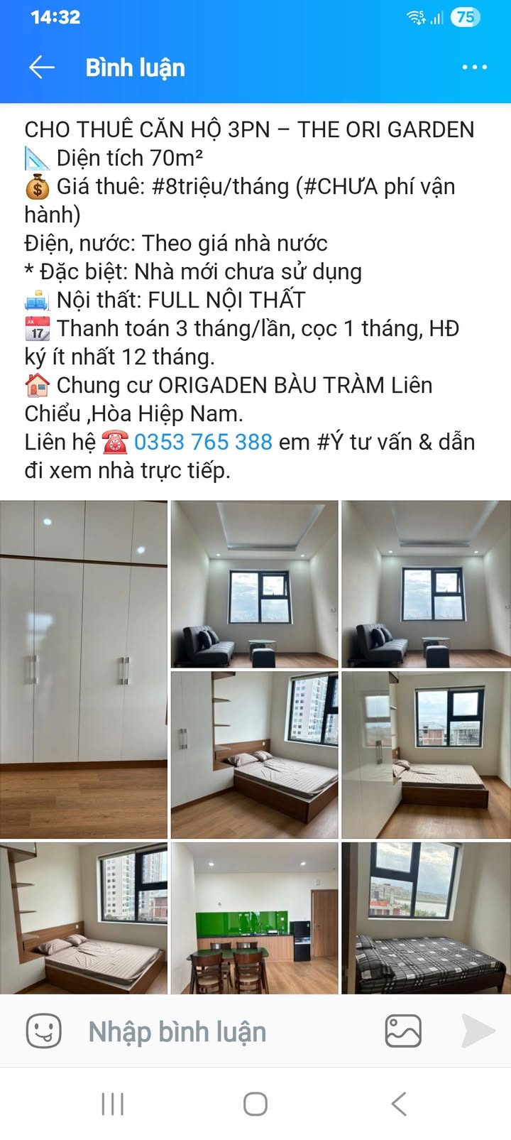 Cho thuê căn hộ 3PN The Ori Garden Đà Nẵng 70m² giá 8 triệu - Nhà mới full nội thất!