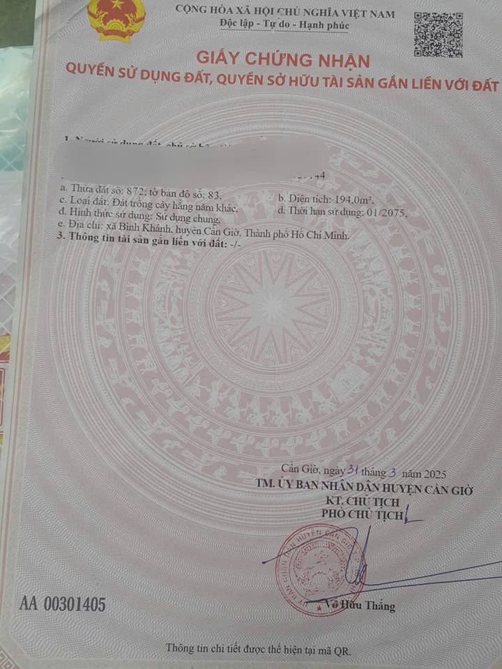 Đất nền mặt tiền xã Bình Khánh Cần Giờ 216m² giá 1.2 tỷ - Pháp lý rõ ràng!