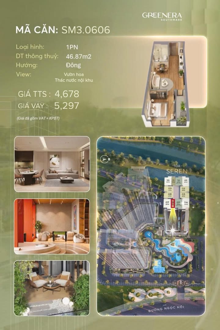 Căn hộ 1PN Green Era Ngọc Hồi 46,8m² giá 4,678 tỷ - Full nội thất cao cấp!