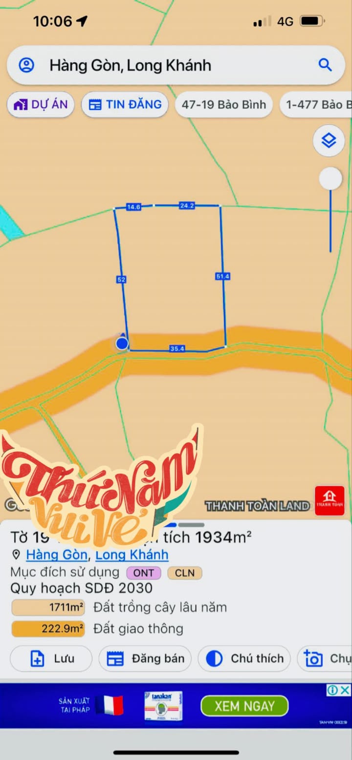 Đất nền Hàng Gòn Long Khánh 1934m² giá 2.4 tỷ - Mặt tiền đường bê tông
