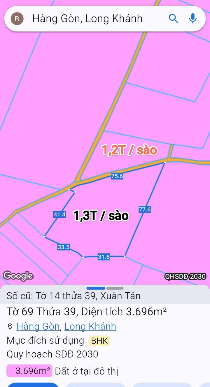 Bán đất mặt tiền Bê Tông Xã Hàng Gòn - 3696m² giá chỉ 4.745 tỷ - Đầu tư sinh lời ngay!