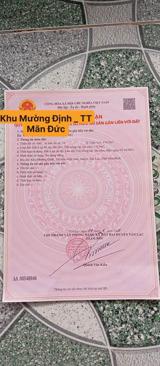 Đất nền Khu Mường Định, Tân Lạc, Hoà Bình 477m² - Nở hậu, giá tốt!