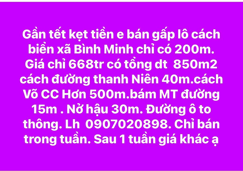 Đất nền xã Bình Minh, 850m² giá 668 triệu - Cơ hội đầu tư hấp dẫn!