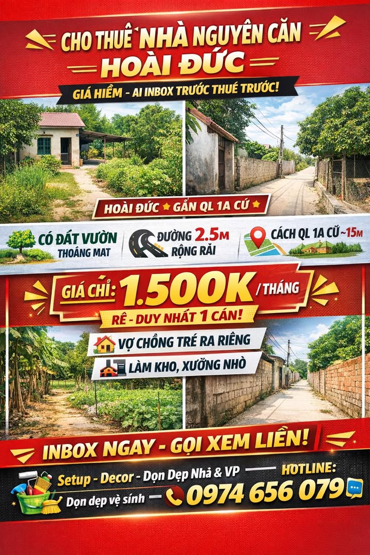 Nhà nguyên căn Hoài Đức 1.5 triệu - Không gian thoáng mát, yên tĩnh!