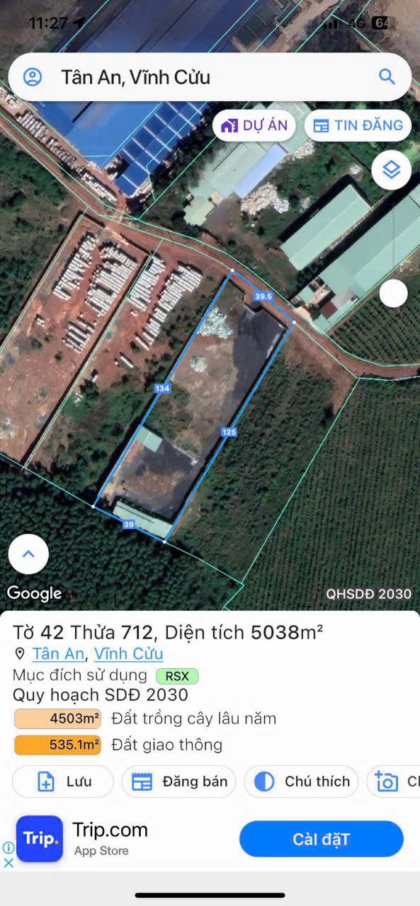 Đất nền 5 sào KCN Tân An, Vĩnh Cửu giá 40 tỷ - Phù hợp kho bãi, nhà xưởng!