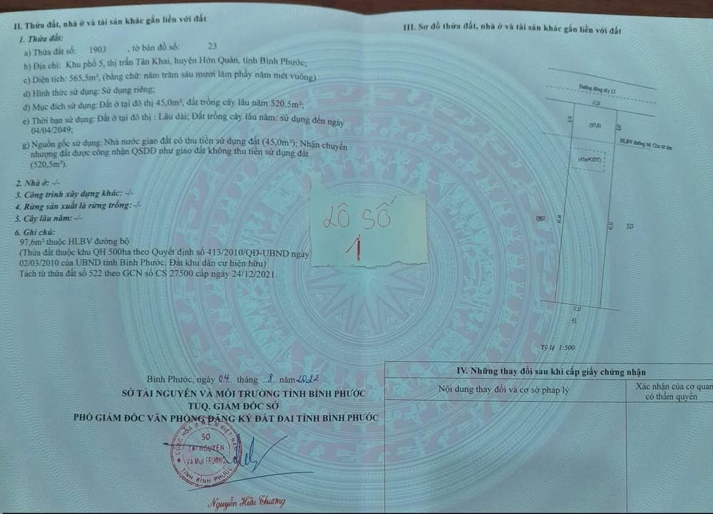 Đất thổ cư 550m² tại kp 5, Tân Khai giá chỉ 1,5 tỷ - Sổ đỏ chính chủ