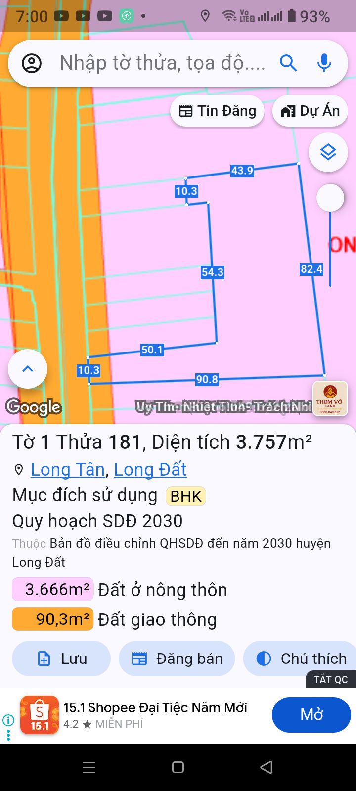 Đất nền xã Long Tân, huyện Long Đất, diện tích 3757m², giá 4.5 tỷ - Cơ hội đầu tư hấp dẫn!