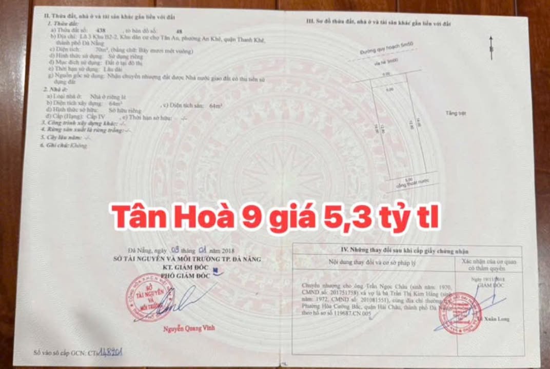 Bán lô FrontHouse mặt tiền chợ Tân Hòa 9, Đà Nẵng 70m² giá 5.3 tỷ - Kinh doanh sầm uất!