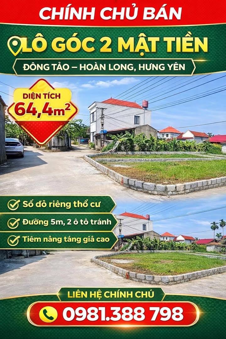 Đất lô góc 2 mặt tiền Đông Tảo Hưng Yên 64m² - Tiềm năng tăng giá vượt trội!
