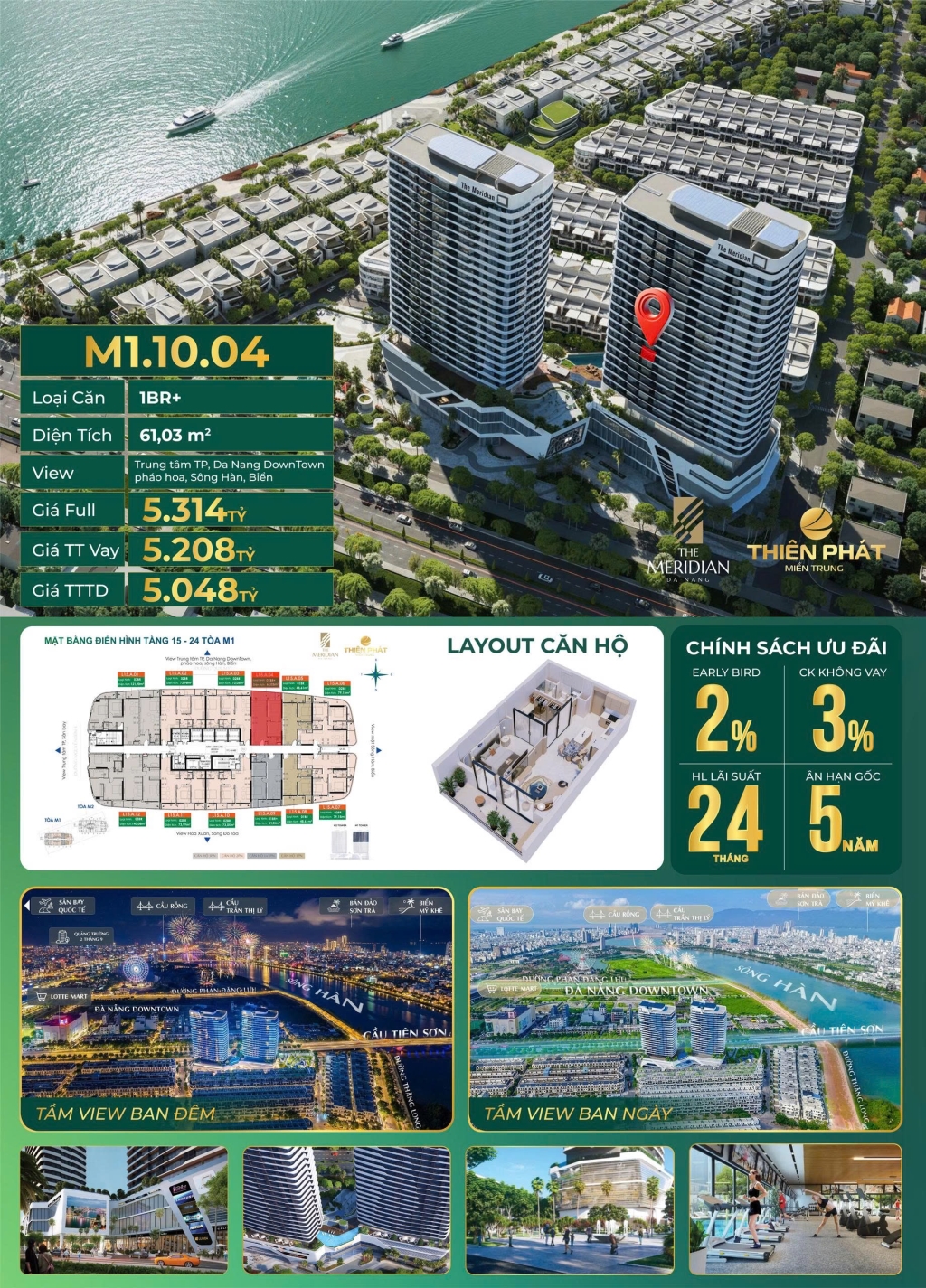 Căn hộ M1.10.04 The Meridian Đà Nẵng 61m² giá 5.05 tỷ - View pháo hoa trực diện và sông Hàn