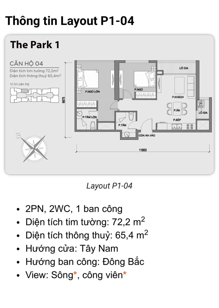Căn hộ Park Quận Bình Thạnh 72,2m² giá 10.5 tỷ - Sổ hồng chính chủ, view sông tuyệt đẹp!