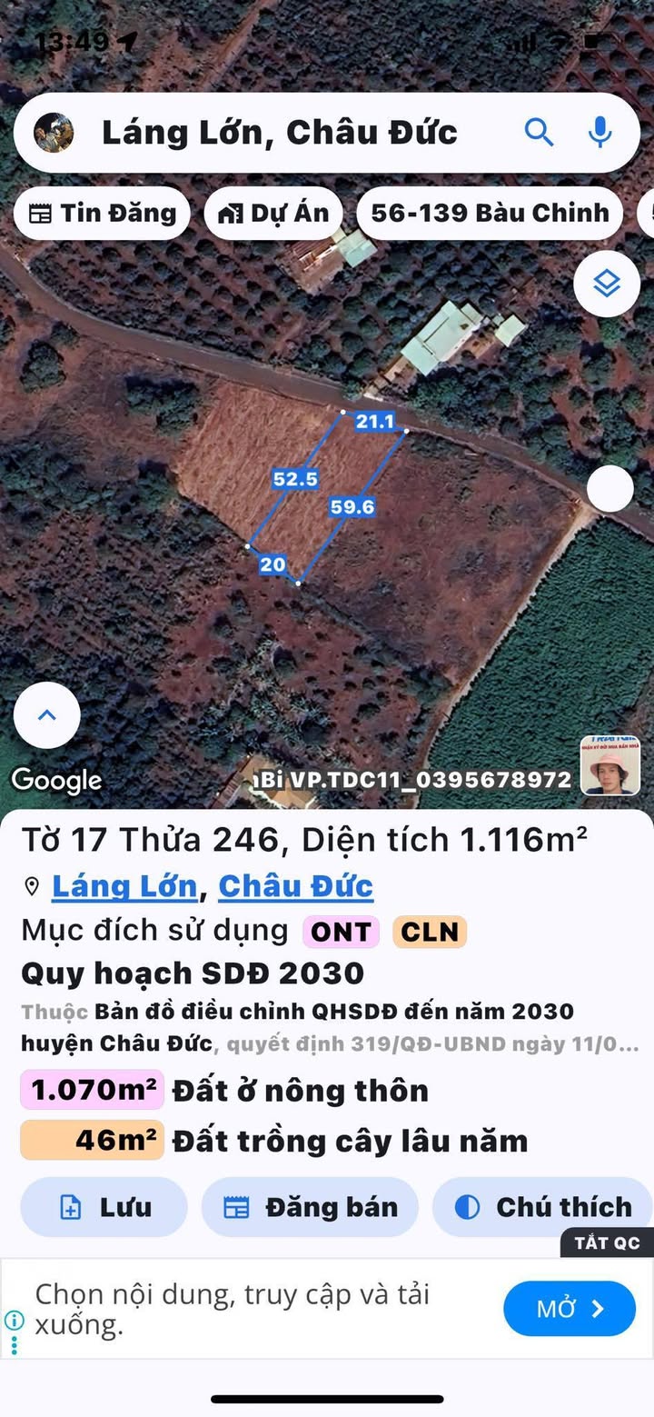 Đất nền Láng Lớn, Huyện Châu Đức, 1092m² giá 2.9 tỷ - Cơ hội đầu tư tuyệt vời!