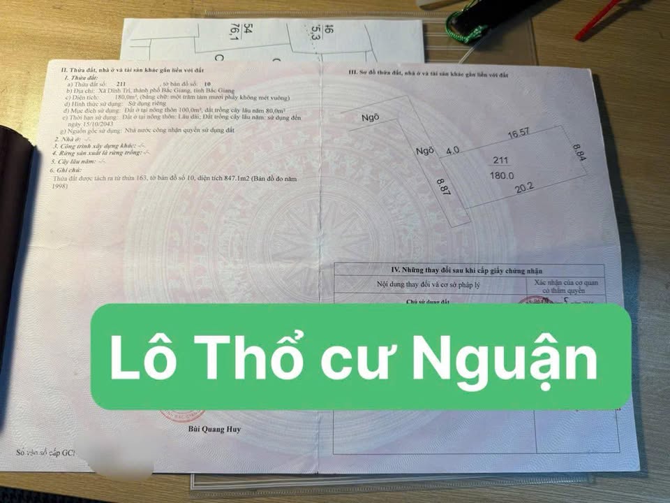 Đất thổ cư Dĩnh Trì 180m² giá 1.6 tỷ - Cơ hội đầu tư hiếm có!