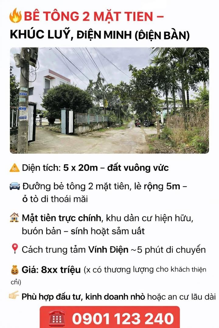 Đất nền 2 mặt tiền Điện Minh 100m² giá 800 triệu - Đầu tư sinh lời ngay!