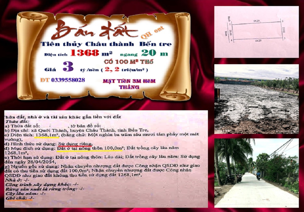 Đất nền Quới Thành - Châu Thành - Bến Tre 1368m² giá 3 tỷ - Vị trí đẹp, hạ tầng hoàn thiện!